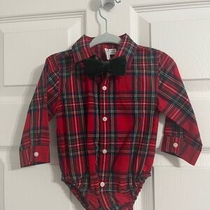 NWT Janie and Jack Red Plaid Bodysuit with Green Velvet Bow Tie